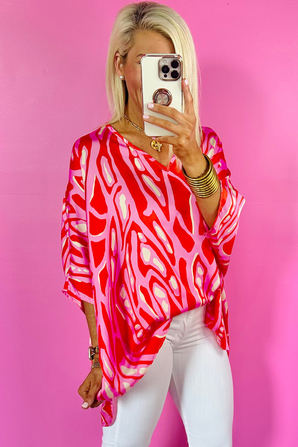 Abstract Print V Neck Batwing Sleeve Oversized Blouse | Red