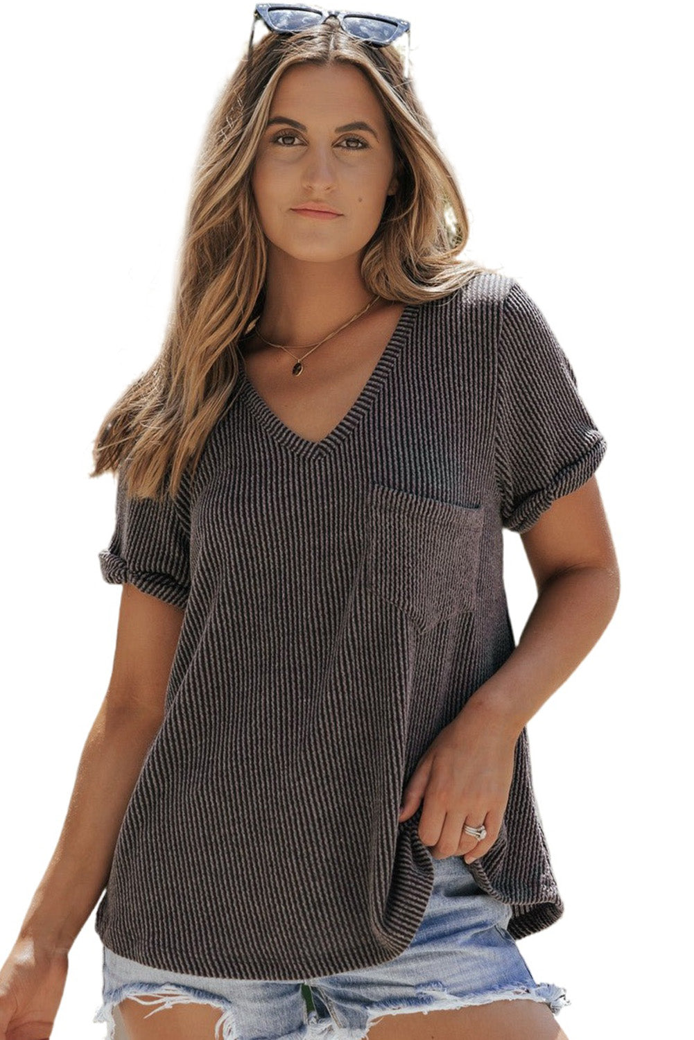 Twist Short Sleeve Corded V Neck Top | Carbon Grey