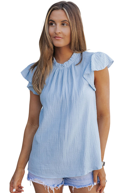 Flutter Sleeve Frilled Neck Textured Blouse | Sky Blue