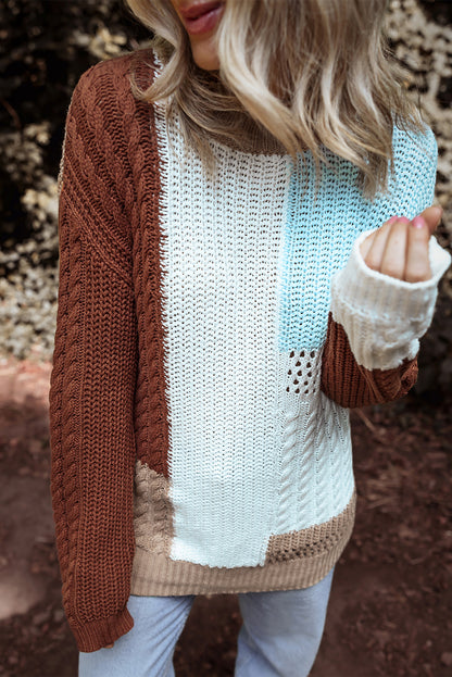 Mix Textured Knit Colourblock Patchwork Sweater | Khaki