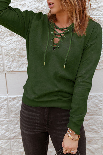 Casual Solid Colour Lace-Up Hoodie | Green