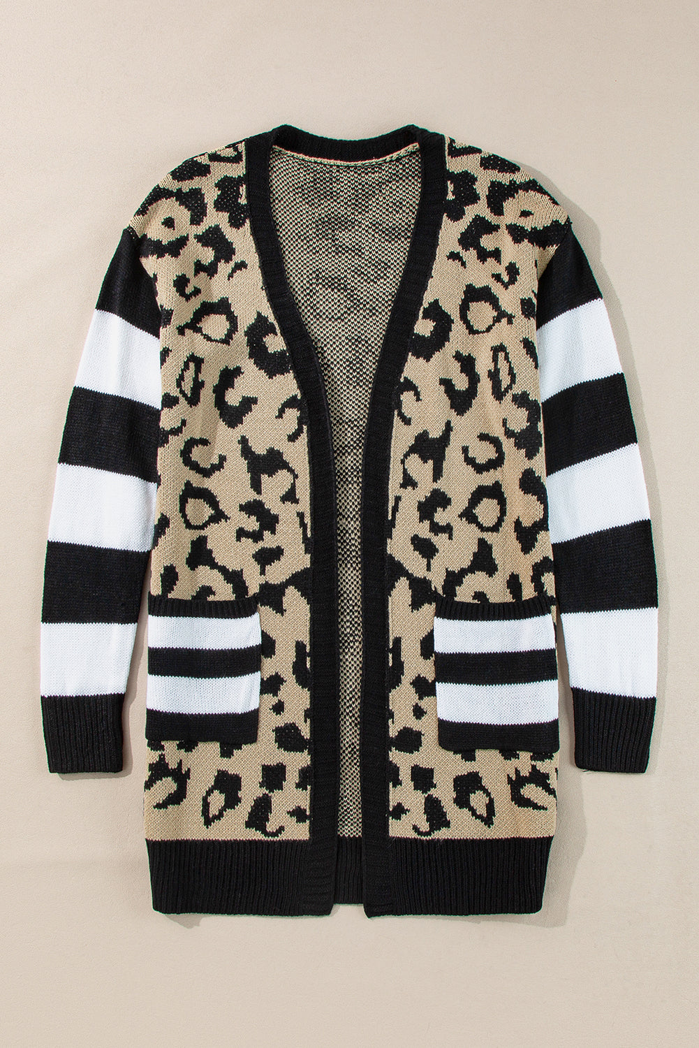 Stripe Sleeve Leopard Print Open Front Cardigan With Pockets | Black