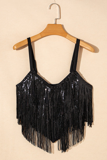 Sequin Tasseled Tank Crop Top | Black