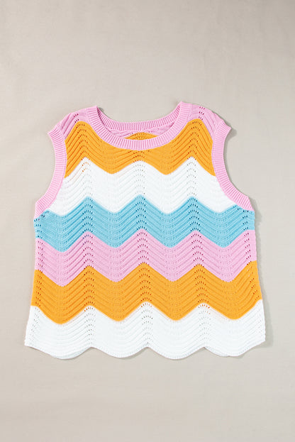 Striped Colourblock Scalloped Hem Knitted Vest | Multicolour