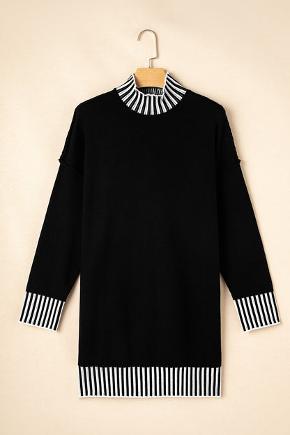 Striped Trim Mock Neck Dropped Long Sleeve Sweater Mini Dress | Black