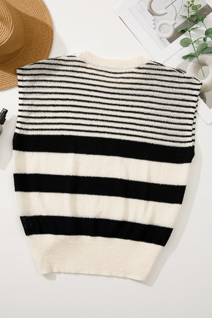 Black White Striped O Neck Sweater Vest | Black white