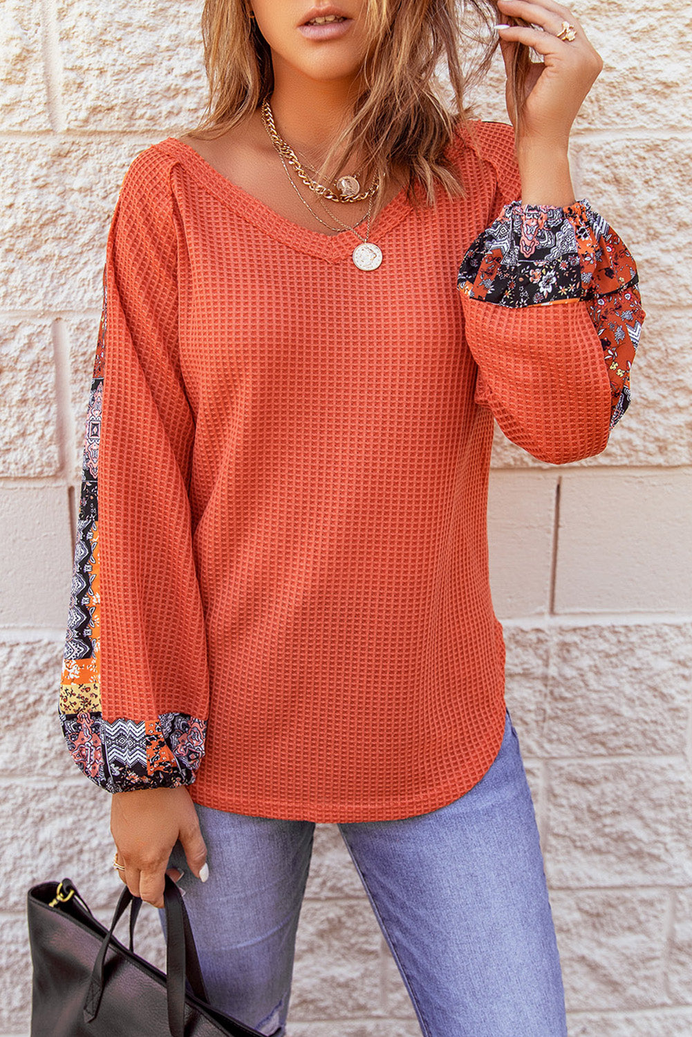 Contrast Eyelet Thermal Knit Top | Orange