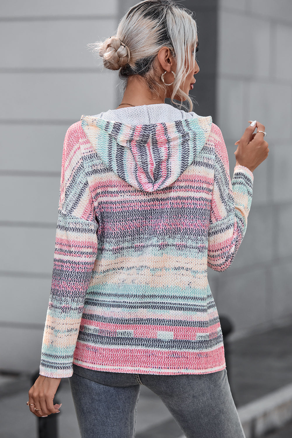 Striped Print Cable Knit Drop Shoulder Hoodie | Multicolour