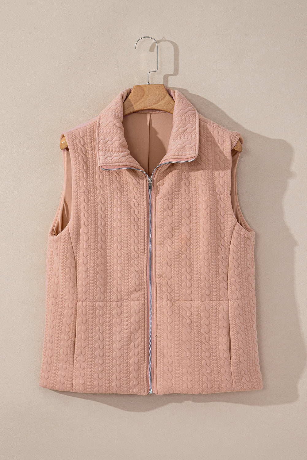 Cable Textured Zip Up Vest Jacket | Pale Chestnut