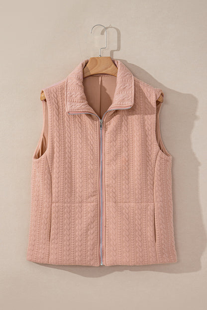 Cable Textured Zip Up Vest Jacket | Pale Chestnut