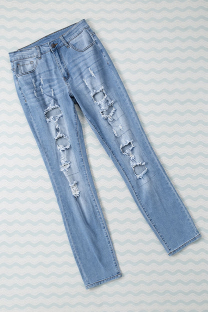 Buttoned Pockets Distressed Jeans | Sky Blue