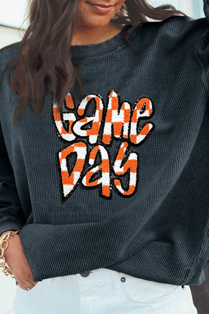 Chenille Checkered Game Day Graphic Drop Shoulder Corded Sweatshirt | Dark Grey