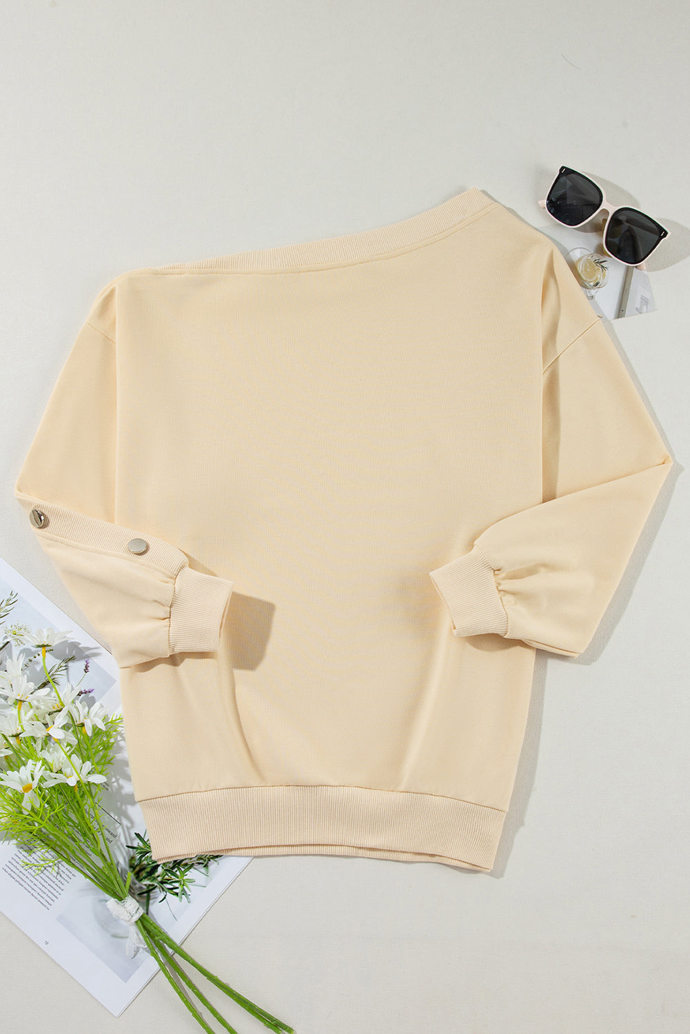 Buttoned Sleeve Dropped Shoulder Sweatshirt | Beige