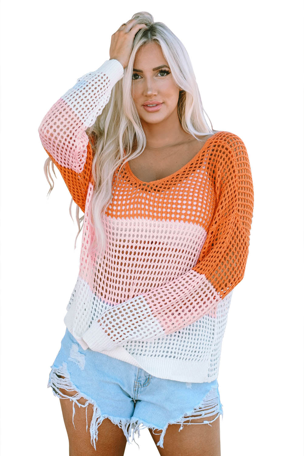 Colour Block Eyelet Long Sleeve Twisted Back Knit Top | Multicolour