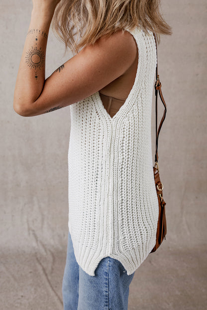 Turtleneck Knitted Slit Hem Sweater Vest | White