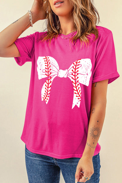 Baseball Bowknot Graphic Casual Tee | Rose Red