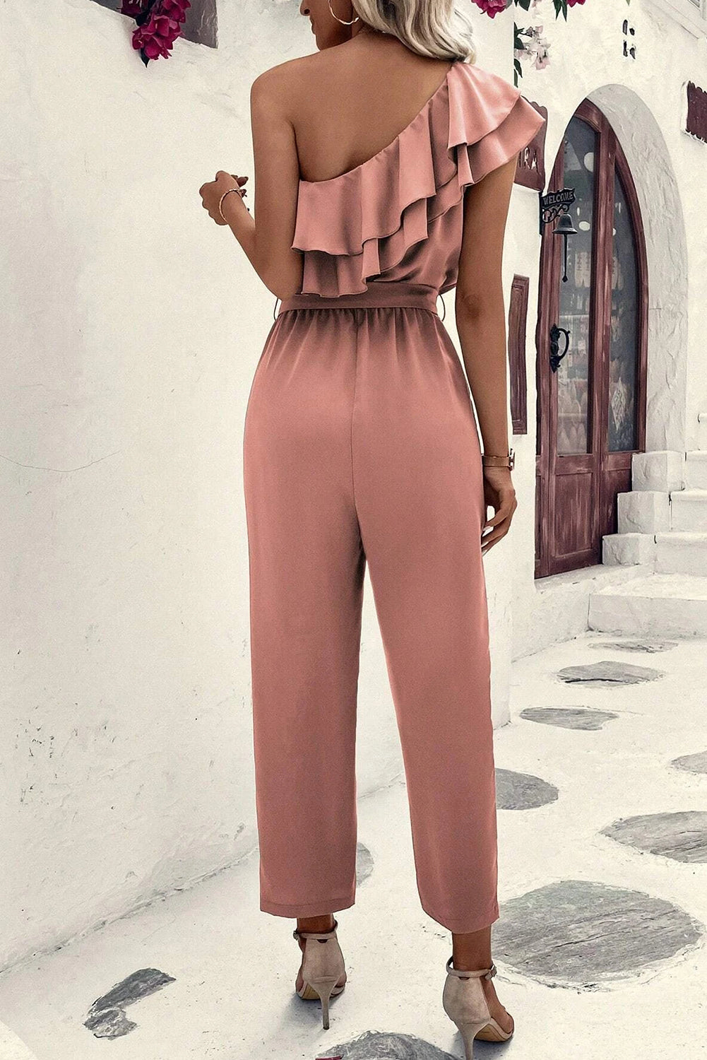 One Shoulder Ruffle Trim Belted Jumpsuit | Dusty Pink