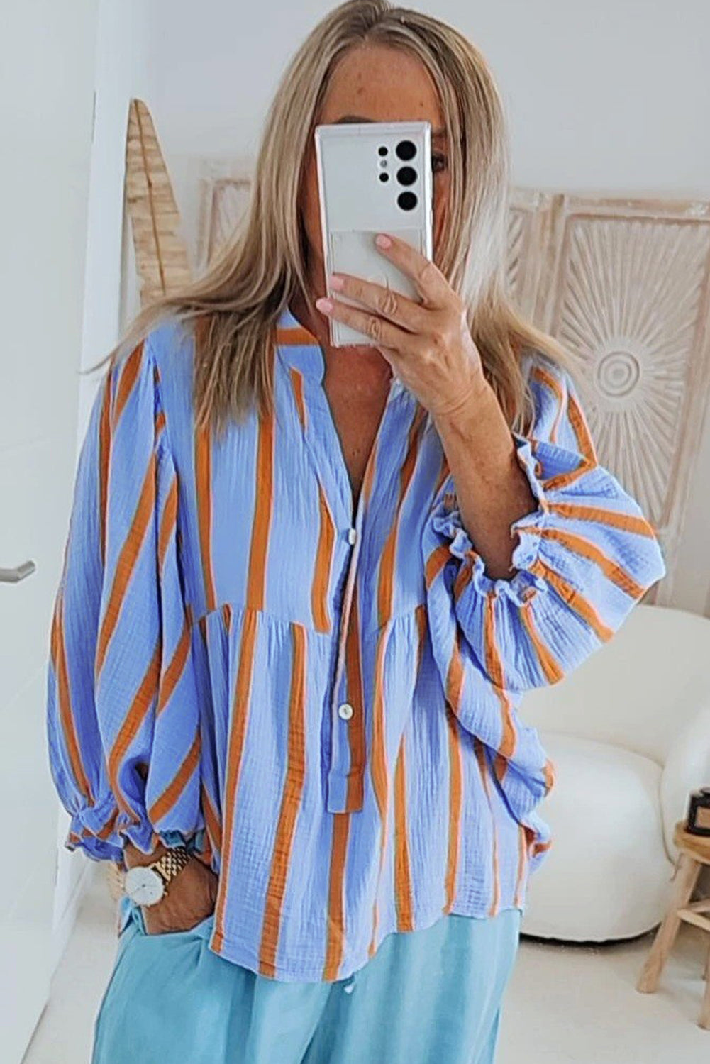 Crinckled Ruffled Sleeve Button Up Loose Shirt | Sky Blue Stripe