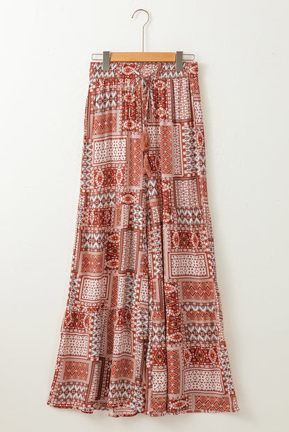 Boho Aztec Print Tiered Palazzo Pants | Brown