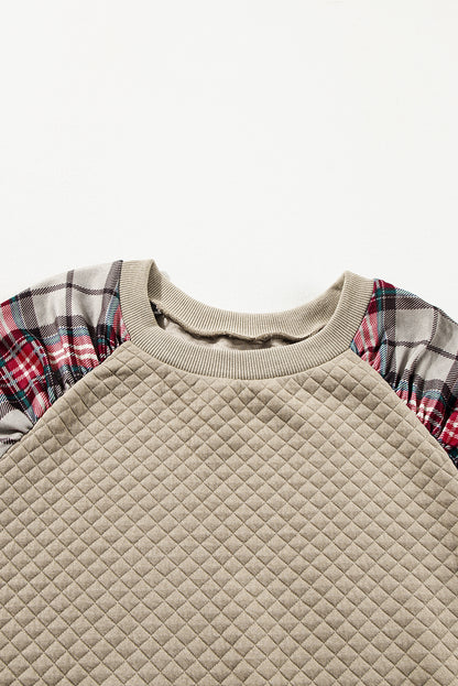 Plus Size Plaid Raglan Sleeve Crew Neck Sweatshirt | Apricot