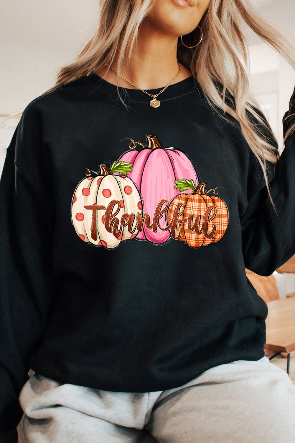 Pumpkin Thankful Drop Shoulder Thanksgiving Pullover Sweatshirt | Black