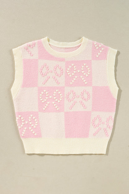 Preppy Bow Detail Checkered Sweater Vest | Pink