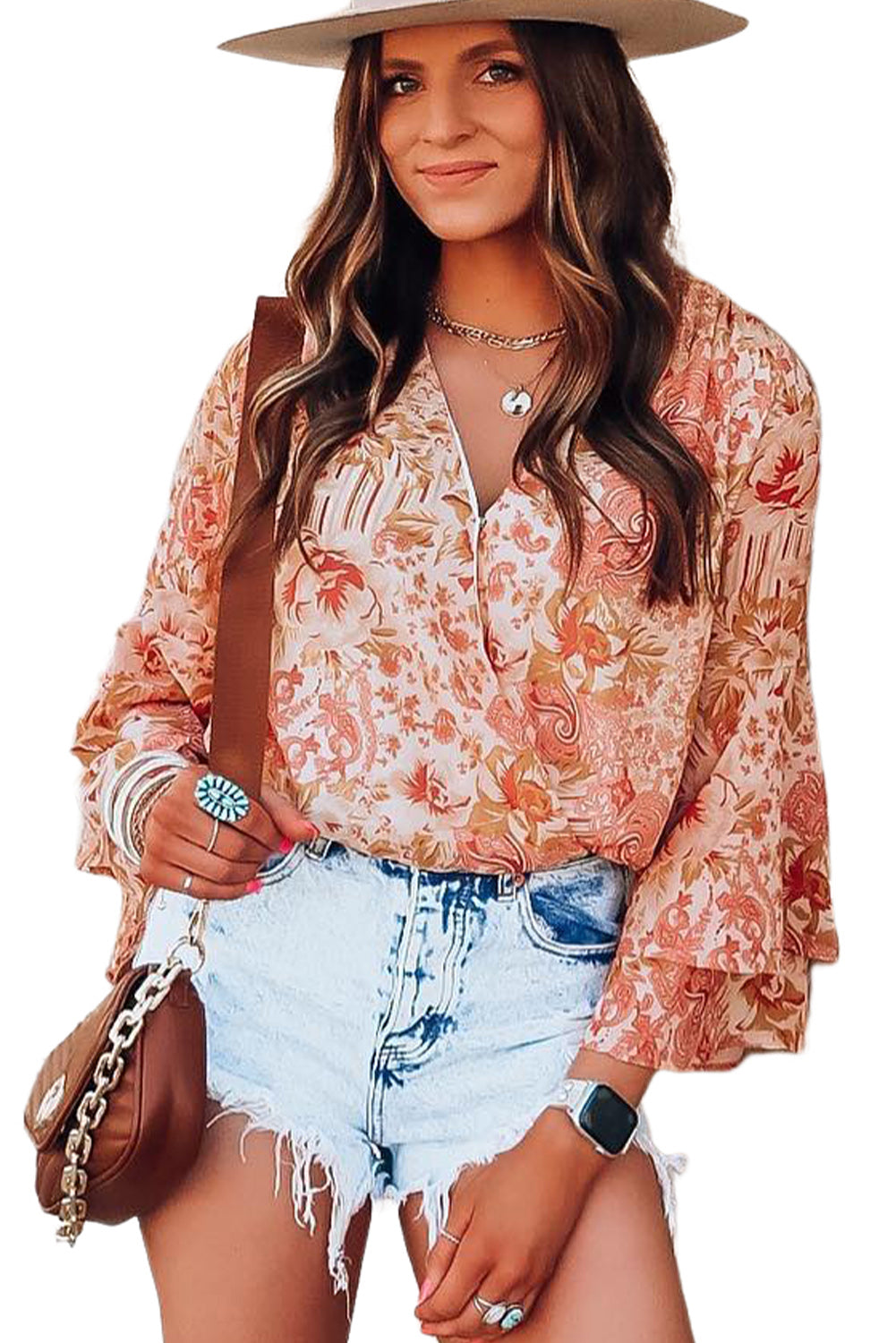 Floral Print Ruffled Bell Sleeve V Neck Bodysuit | Orange