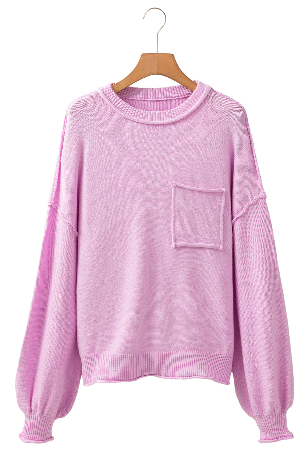 Raw Edge Ribbed Detail Drop Shoulder Sweater | Pink