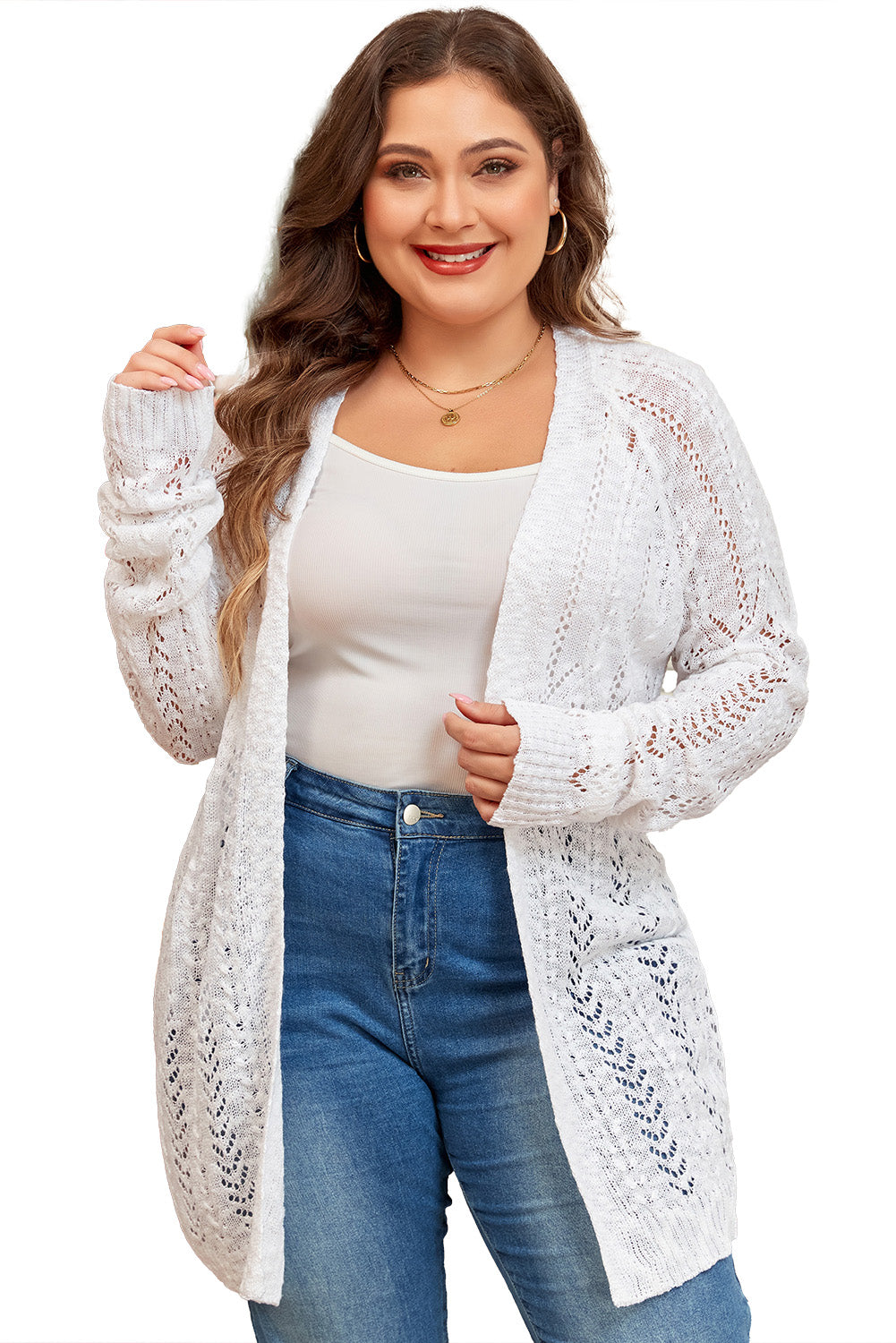 Plus Size Eyelet Knit Open Front Cardigan | White