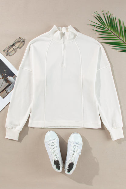 Zipped Neck Pullover Drop Shoulder Sweatshirt | White