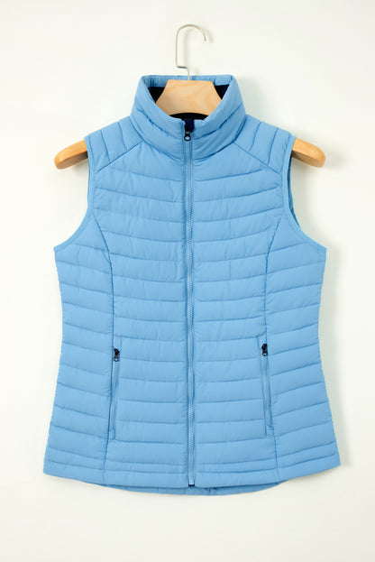 Plush Collared Quilted Zipped Puffer Vest | Sky Blue