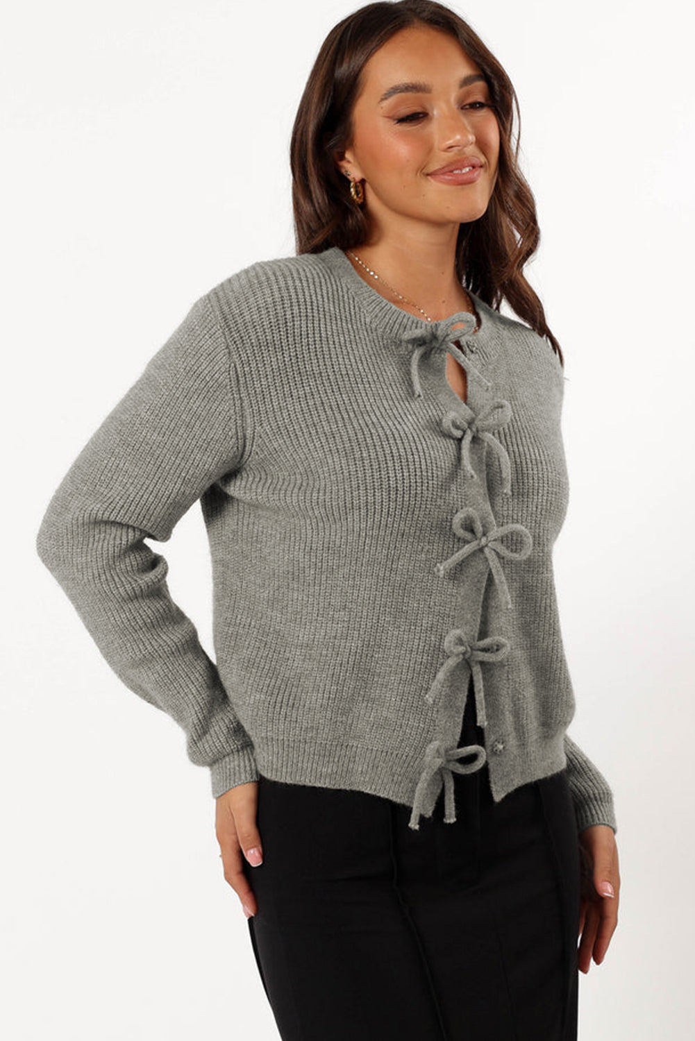 Ribbed Knit Bow Front Buttoned Cardigan | Philippine Gray