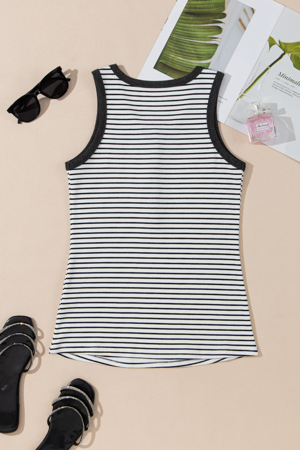 Ribbed Knit Buttoned U Neck Tank Top | White Stripe