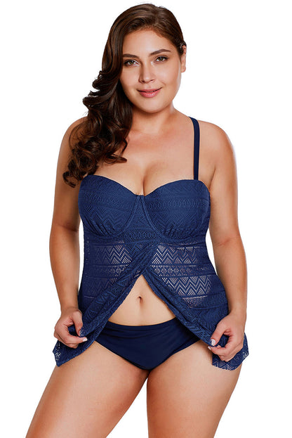 Navy Blue Lace Flyaway Underwired Plus Size Tankini Bathing Suit | Dark Blue