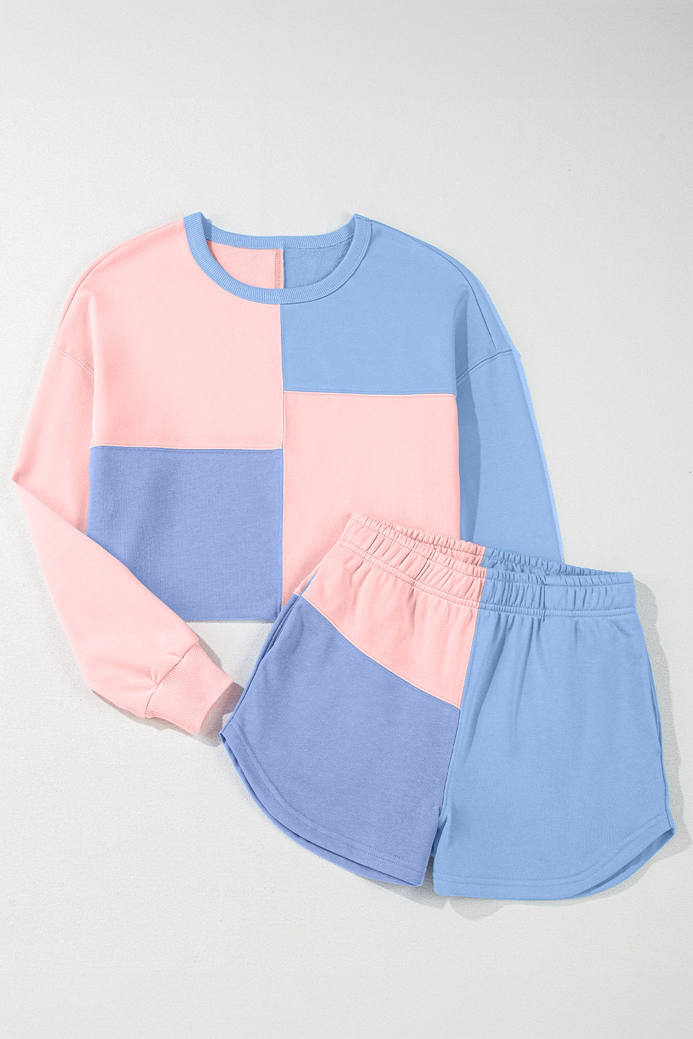 Colourblock Patchwork Long Sleeve Shorts Outfit | Sky Blue