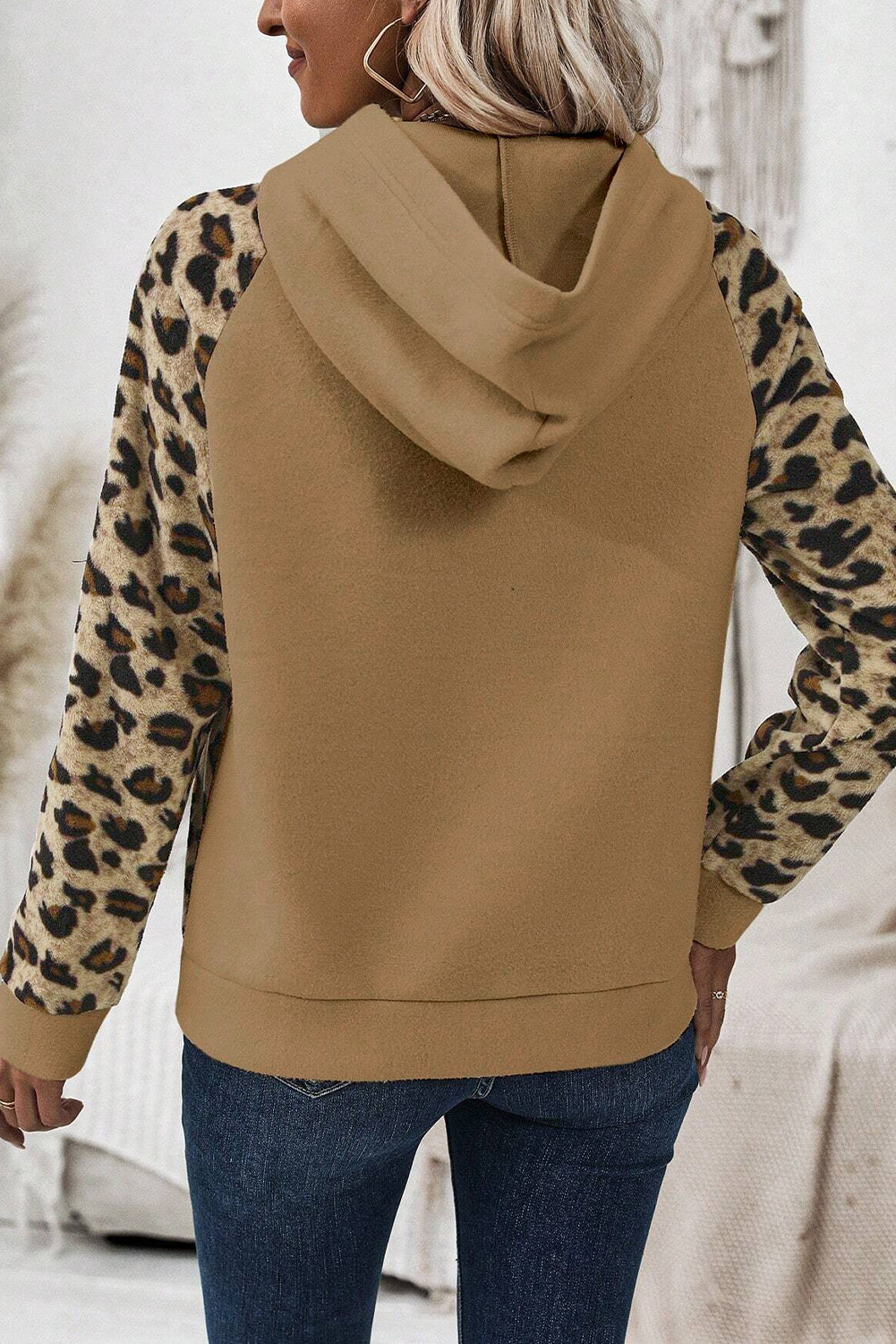 Leopard Print Patchwork Raglan Sleeve Half Buttons Hoodie | Light French Beige