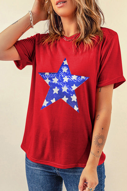 Sequin Star Graphic Crewneck T Shirt | Red