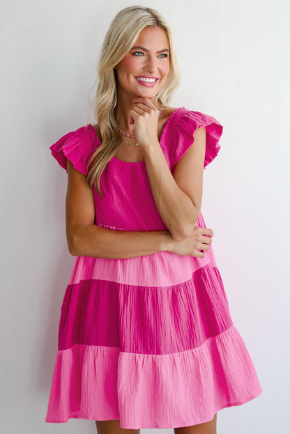 Crinkled Colourblock Patchwork Flutter Tiered Mini Dress | Pink