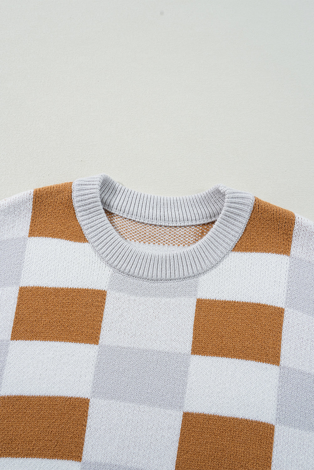 Checkered Ribbed Edge O Neck Drop Shoulder Sweater | Khaki