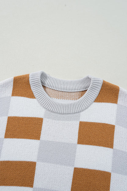 Checkered Ribbed Edge O Neck Drop Shoulder Sweater | Khaki