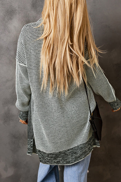 Plaid Knitted Long Open Front Cardigan | Gray