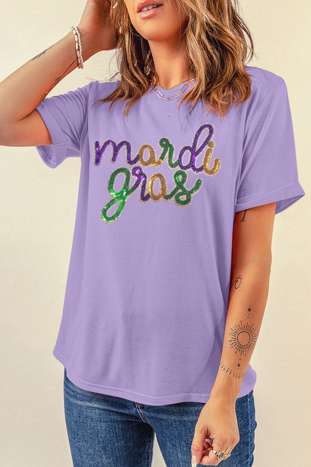 Sequin Mardi Gras Graphic T Shirt | Wisteria