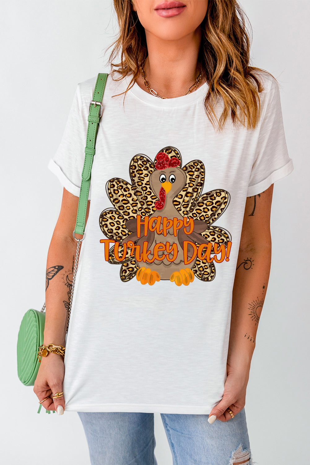 Happy Turkey Day Leopard Print Crew Neck Loose T Shirt | White