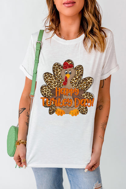 Happy Turkey Day Leopard Print Crew Neck Loose T Shirt | White