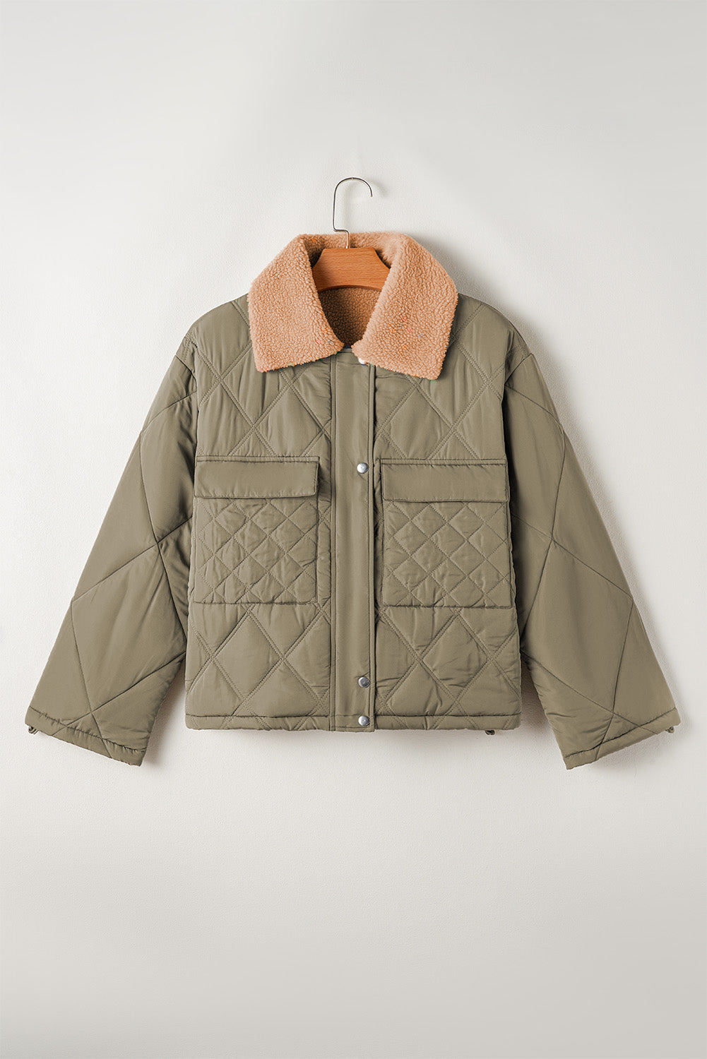 Teddy Collar Flap Pockets Quilted Puffer Jacket | Jungle Green