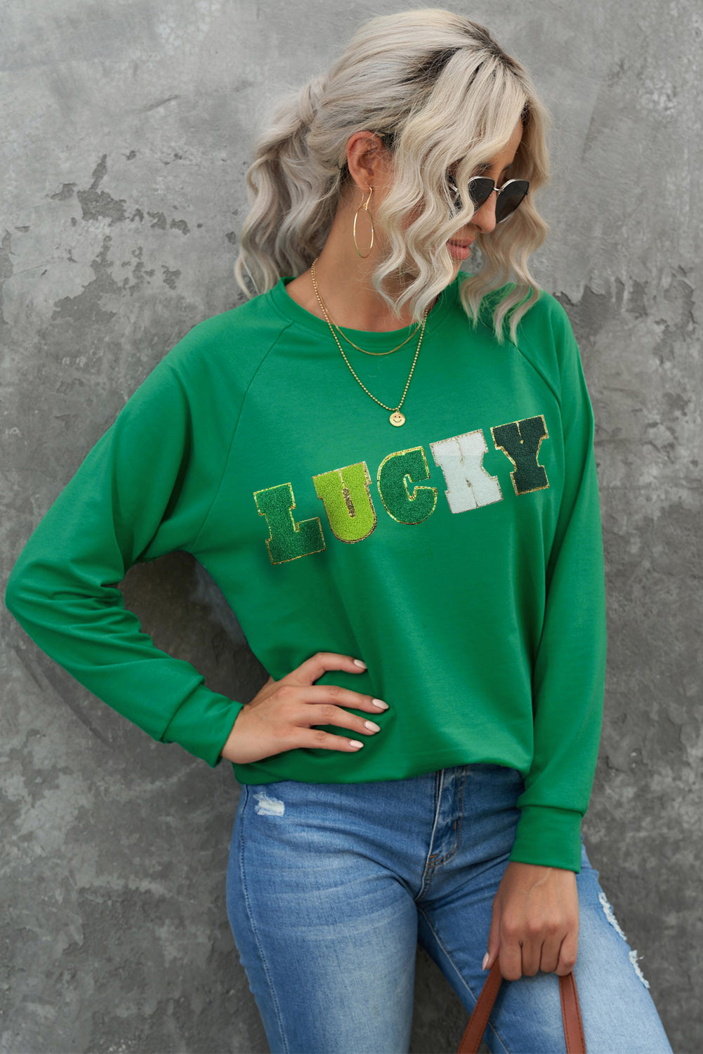 St Patricks Lucky Chenille Embroidered Graphic Sweatshirt | Green