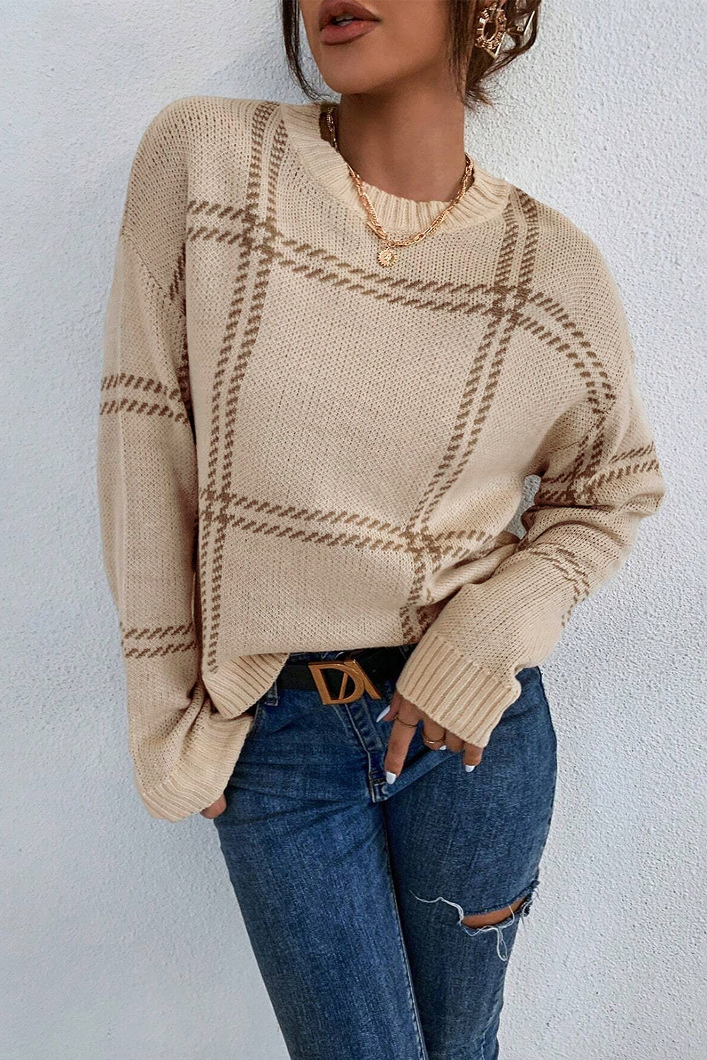 Plaid Pattern Knitted Drop Shoulder Sweater | Khaki