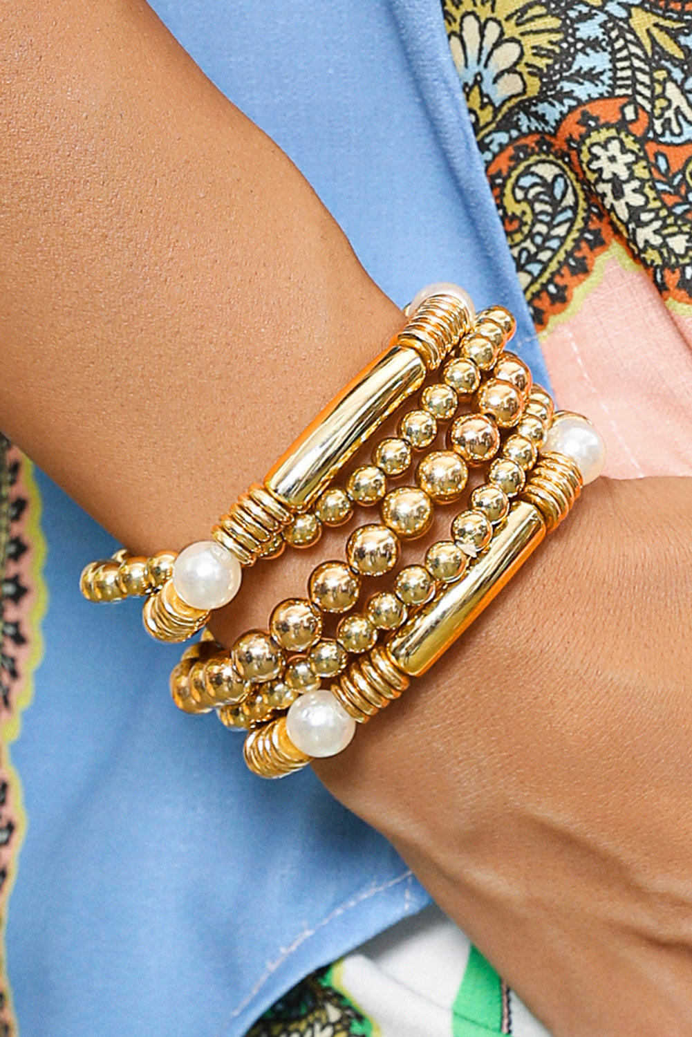 5Pcs Pearl Plated Beaded Bracelet Set | Gold