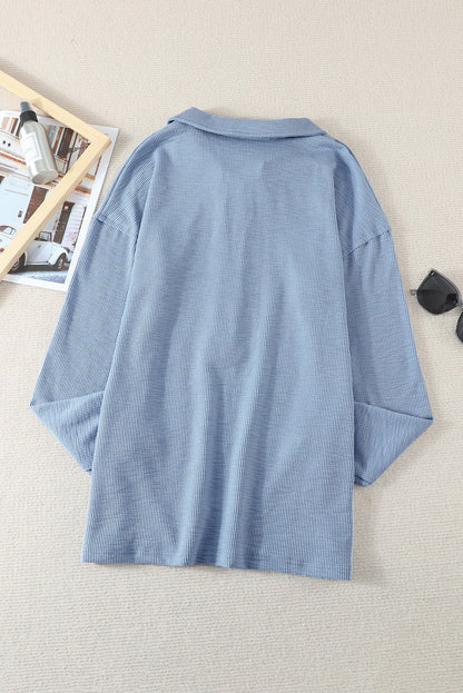 Button Front Turn-Down Neck Knit Top | Sky Blue