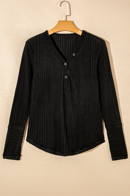 V Neck Buttoned Ribbed Knit Top | Black